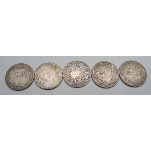 1032 - Five Victorian silver half-crowns, 67g