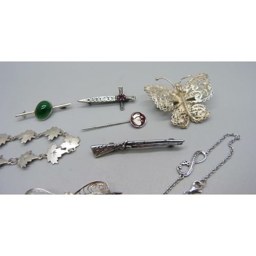 1037 - Silver jewellery including a hallmarked Scottish silver dirk brooch, 36g