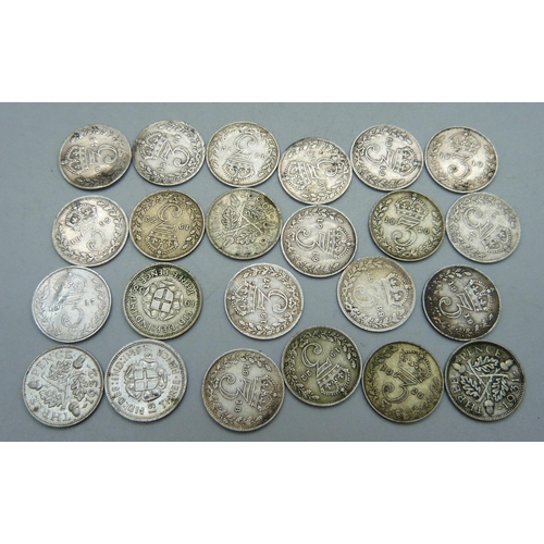 1040 - Assorted silver 3d coins, 31g