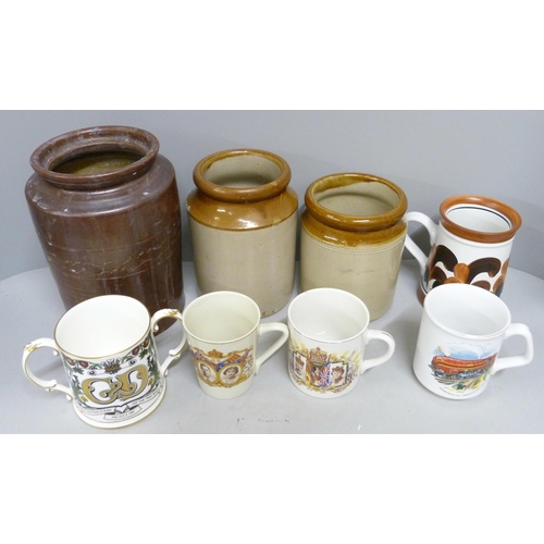 1054 - Three earthenware jars, a Denby mug and other china including King George V commemorative, etc. **PL... 