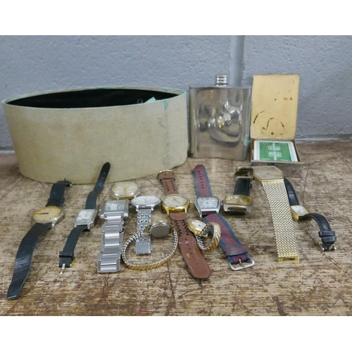 1056 - A collection of wristwatches, hip flask, card case and a boxed Wahid & Co. hat