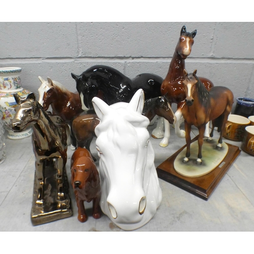 1077 - A collection of horse figures including Beswick Quarter Horse, chip to ear and a Beswick Ch. Horsesh... 