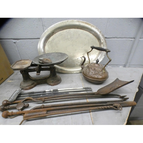 1109 - A box of metalwares including a copper kettle, scales, fire irons, a tray, etc. **PLEASE NOTE THIS L... 