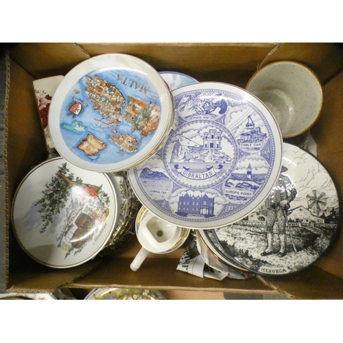 1112 - Six boxes of collectors plates, Sadler teapots and two display cabinets with miniature clocks and or... 