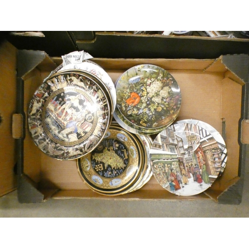 1112 - Six boxes of collectors plates, Sadler teapots and two display cabinets with miniature clocks and or... 