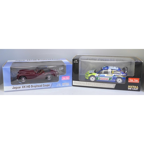 607 - Two Sun Star metal die-cast model vehicles; a Ford Focus WRC and Jaguar 140 Drophead Coupe, boxed