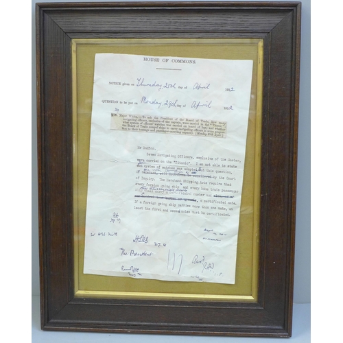 611 - A framed copy of a House of Commons letter concerning a Question to the House regarding the number o... 