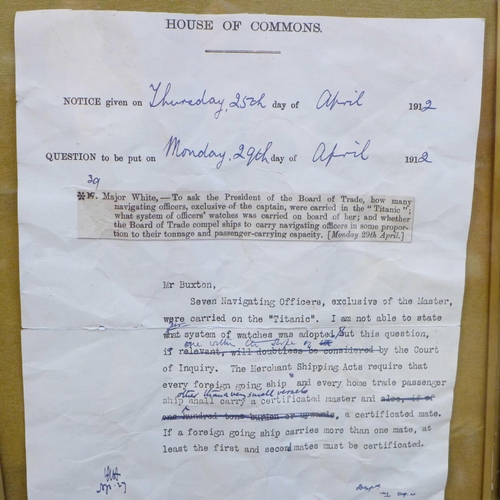 611 - A framed copy of a House of Commons letter concerning a Question to the House regarding the number o... 