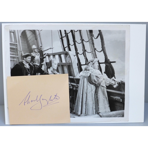 619 - A Charles Laughton autograph and lobby card display