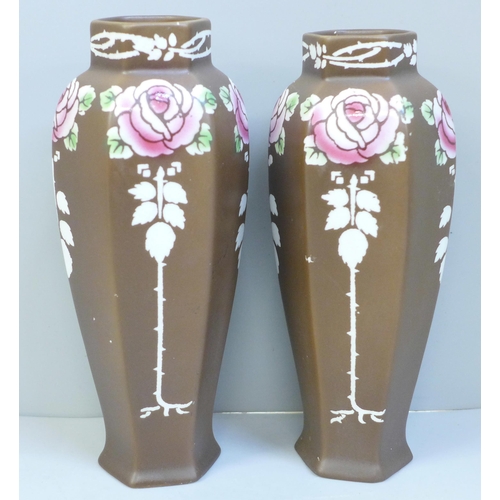 627 - A pair of brown Shelley vases, 17.5cm