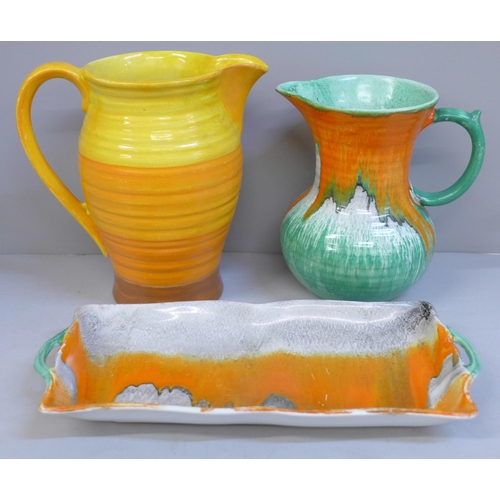 636 - Two Shelley dripglaze jugs and tray, tallest  17cm