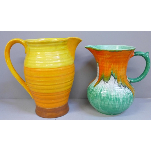 636 - Two Shelley dripglaze jugs and tray, tallest  17cm