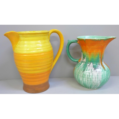 636 - Two Shelley dripglaze jugs and tray, tallest  17cm