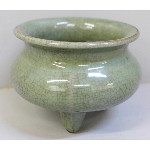 637 - A celadon three footed bowl or censer