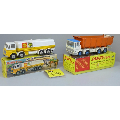 665 - Two Dinky Toys model vehicles; a Shell BP Fuel Tanker 944 and Leyland Dump Truck with Tilt Cab, 925 ... 