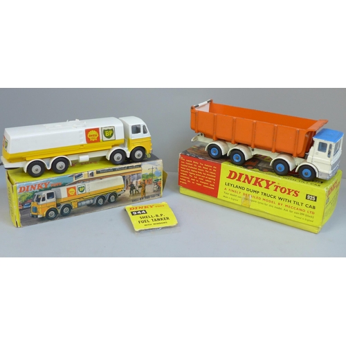 665 - Two Dinky Toys model vehicles; a Shell BP Fuel Tanker 944 and Leyland Dump Truck with Tilt Cab, 925 ... 