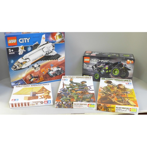 686 - Three Tamiya Military Miniatures model sets, a Lego Technic set and a Lego City set