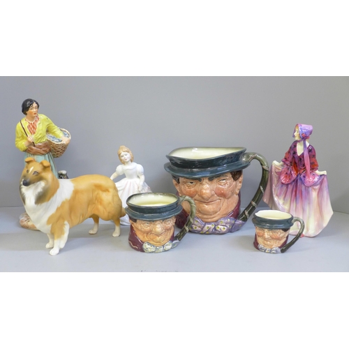 702 - A Falcon ware figure, The Breton Girl, two Royal Doulton figures including Sweet Anne, a Beswick col... 