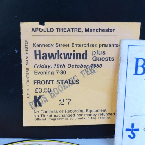 713 - Pop music badges, back stage passes, etc. including Hawkwind programme and ticket with signature, pa... 