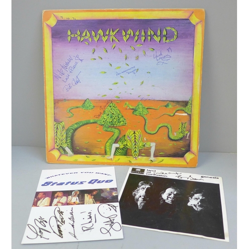 715 - Pop music; Hawkwind signed album, Status Quo signed promotional card, Genesis signed record sleeve