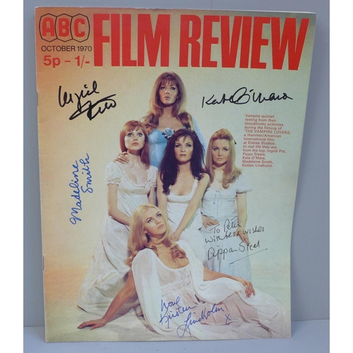 722 - Horror autographs on Film Review magazine; Ingrid Pitt, Pippa Steele, Kate O'Mara, Madeline Smith an... 