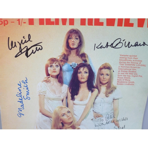 722 - Horror autographs on Film Review magazine; Ingrid Pitt, Pippa Steele, Kate O'Mara, Madeline Smith an... 