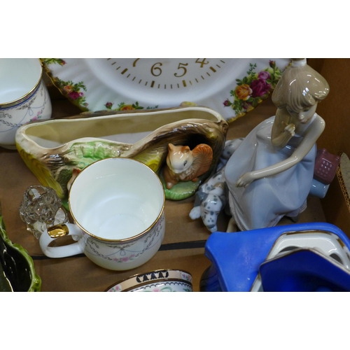 757 - A box of assorted china, Lladro figure of a girl with dog, a Sylvac dish with swan,  teapot with Ara... 