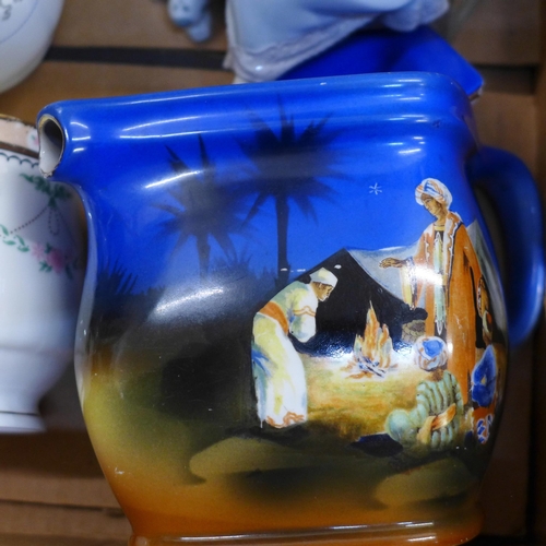 757 - A box of assorted china, Lladro figure of a girl with dog, a Sylvac dish with swan,  teapot with Ara... 