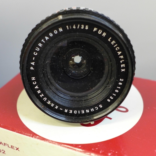 766 - Two Leitz Leicaflex lenses, 1:4/35 and 1:2/90, boxed and a Leitz leather camera case, boxed