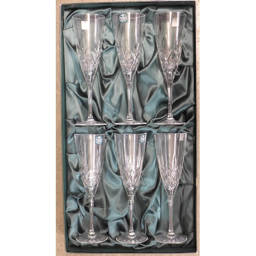 805 - A set of six Thomas Webb crystal wine flutes, a lead crystal decanter, a Waterford crystal bowl, box... 