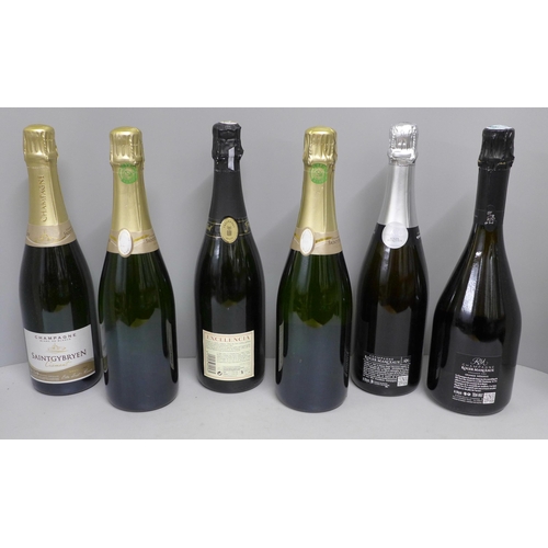 825 - Six bottles; three Saintgybryen Champagne, two Roger Manceaux Champagne and one Freixenet Spanish Ex... 