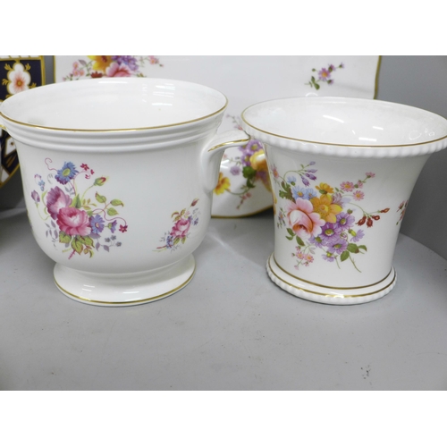 849 - Royal Crown Derby and Coalport china; four plates, two dishes, two ginger jars, a pot and vase