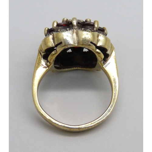 966 - A large silver gilt, garnet and marcasite cluster ring, K