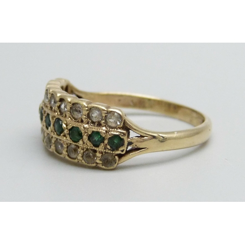 970 - A 9ct gold, three row green and white stone ring, 3.7g, R