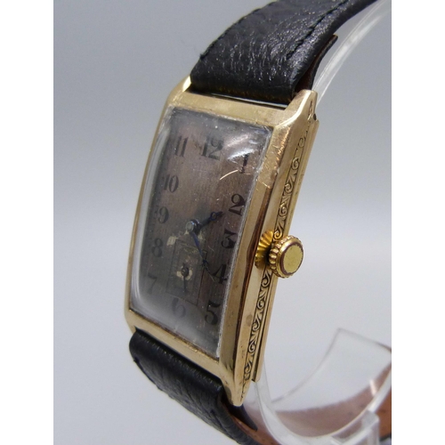 980 - A 9ct gold cased Art Deco wristwatch, with inscription dated 1929, Glasgow import mark for 1928, 24m... 