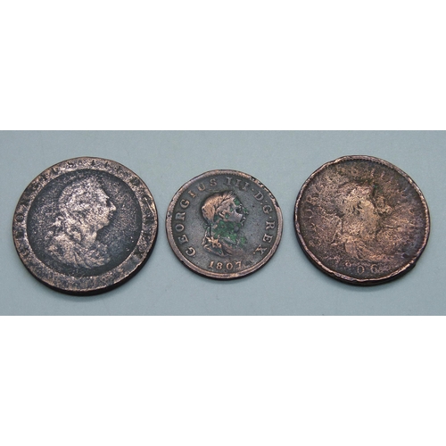 984 - A George III cartwheel penny, two penny, 1806 and farthing, 1807