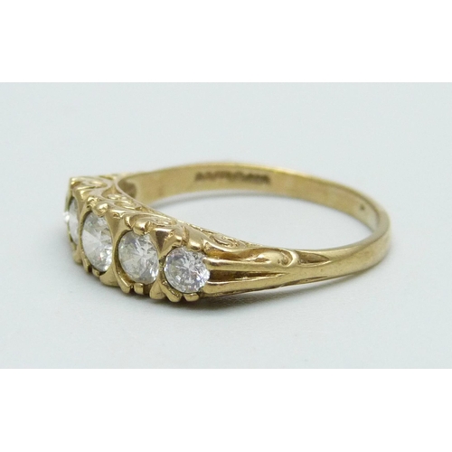 988 - A 9ct gold, five stone Victorian style ring, 2.6g, P