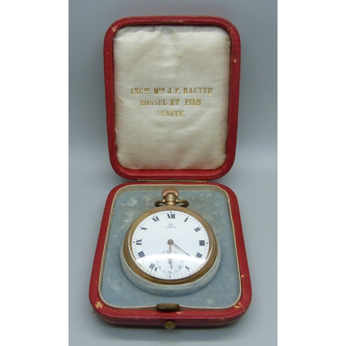 992 - An Omega top-wind gold-plated pocket watch, with fitted box, underside of case bears sticker marked ... 