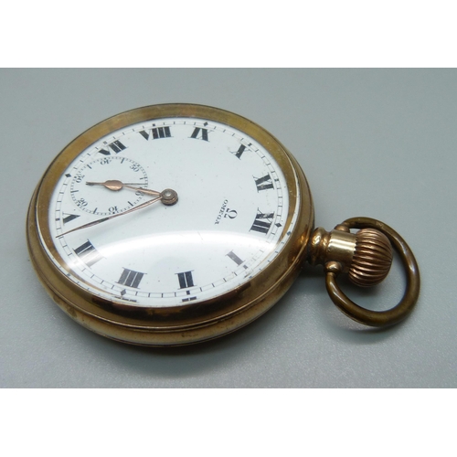 992 - An Omega top-wind gold-plated pocket watch, with fitted box, underside of case bears sticker marked ... 