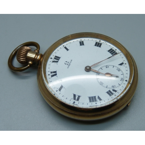 992 - An Omega top-wind gold-plated pocket watch, with fitted box, underside of case bears sticker marked ... 