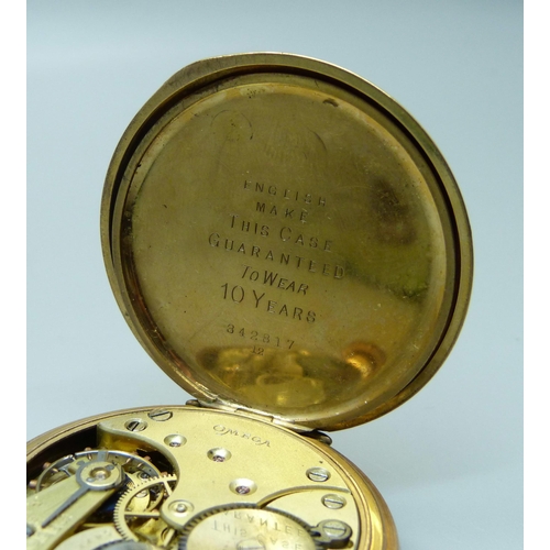 992 - An Omega top-wind gold-plated pocket watch, with fitted box, underside of case bears sticker marked ... 