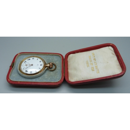 992 - An Omega top-wind gold-plated pocket watch, with fitted box, underside of case bears sticker marked ... 