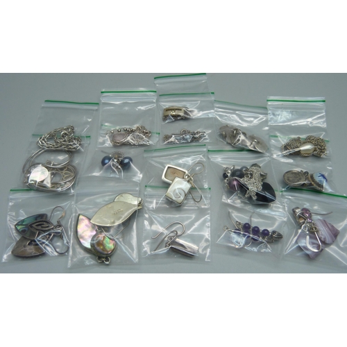 993 - Ten pairs of silver earrings, five silver pendants and chains and a silver bracelet