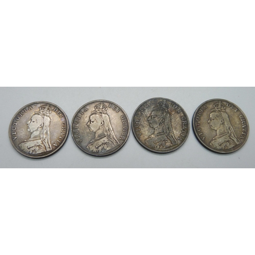 997 - Four Victorian 1890 double florin coins, 89.1g