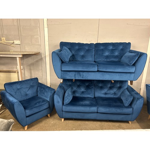 1471 - A Hoxton blue velvet pair of three seater sofas and armchair RRP £2317