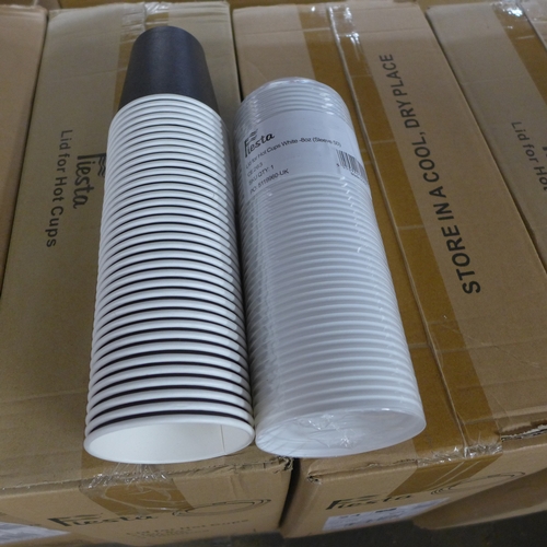 2386 - One and a half  large boxes of 8 ounce disposable paper cups and a large quantity of plastic lids