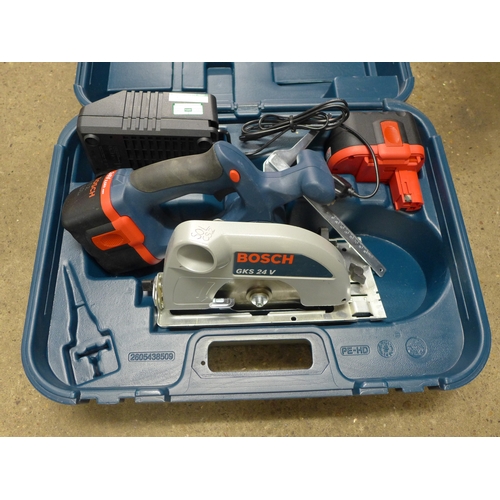 2413 - A Bosch GKS 24v cordless circular saw with two 24v batteries, charger and case