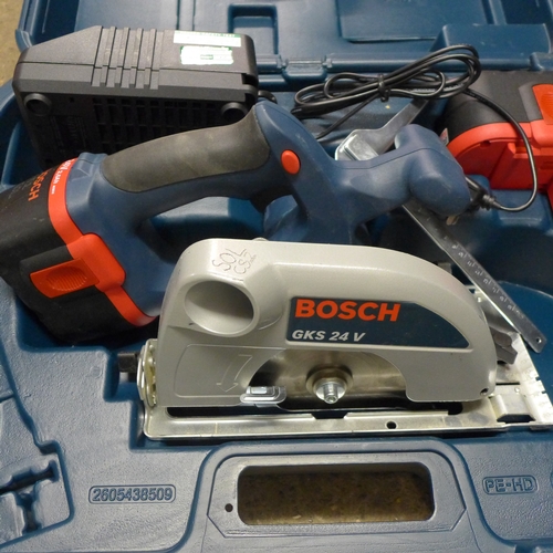 2413 - A Bosch GKS 24v cordless circular saw with two 24v batteries, charger and case