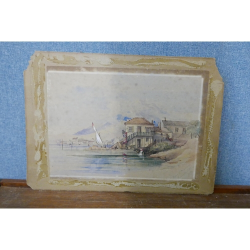 304 - Italian School, village lake scene, watercolour, dated 1854, indistinctly signed and inscribed, unfr... 