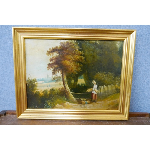 306 - English School (late 19th Century), rural landscape with a lady by a gate, oil on board, framed